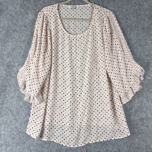 Rose Olive Tunic Top Woman Plus 1X Pink Polka Dot Ruffle 3/4 Sleeve Lightweight